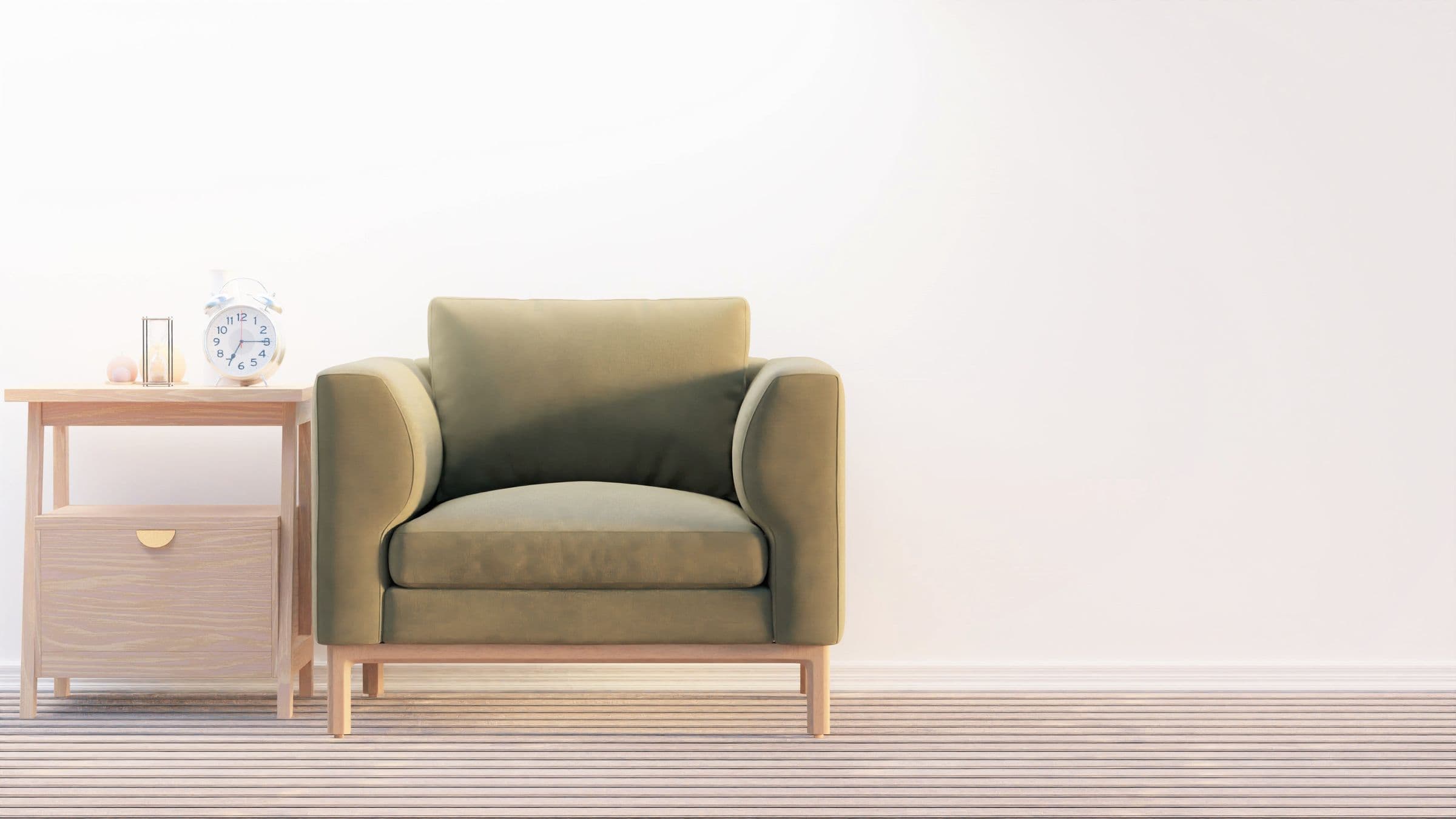 Fabric armchair in a bright, minimalist room
